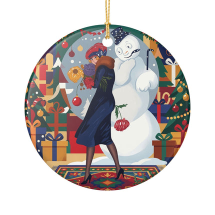 ☃️🎄 The Snowman's Christmas Companion Ceramic Ornament – Art Deco Holiday Fantasy