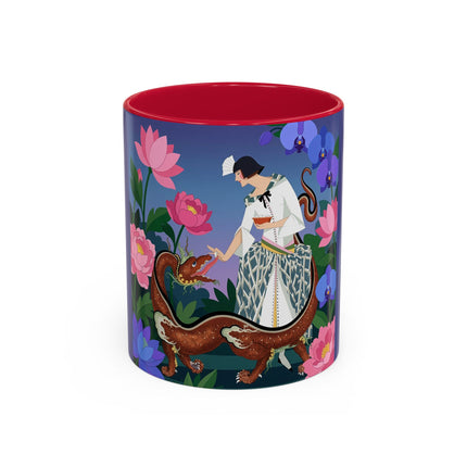The Lady And The Garden Dragon Colorful Mugs – Art Deco Mythical Botanical Elegance