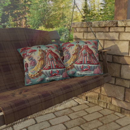 Cherry Blossom Courtesans & Crimson Crab Outdoor Pillows – Imperial Elegance & Playful Charm