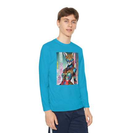 Cyber Cat Glamour Youth Long Sleeve Competitor Tee – Neon Elegance & Futuristic Style