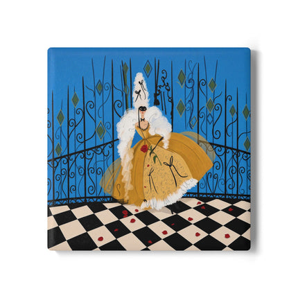 🎭🌹 The Lady At The Masquerade Gates Ceramic Coaster – Art Deco Fashion Illustration