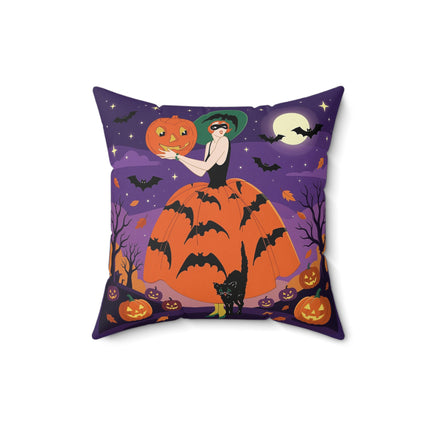 🎃🌕 The Pumpkin Moon Enchantress Square Pillow – Elegant Halloween Masquerade