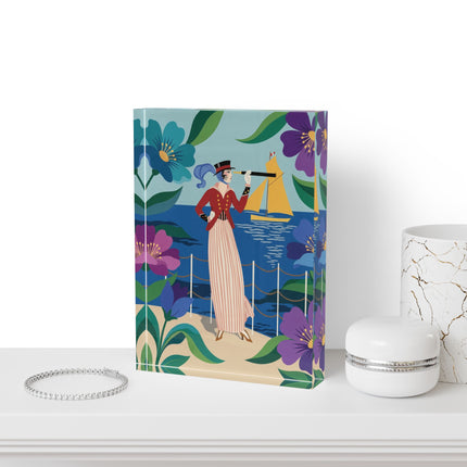 🌊🔭 The Lady Of The Seaside Lookout Acrylic Art Block – Art Deco Nautical Whimsy