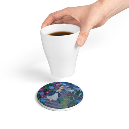 🦚🌸 The Peacock Garden Terrace Ceramic Coaster – Art Deco Floral Elegance