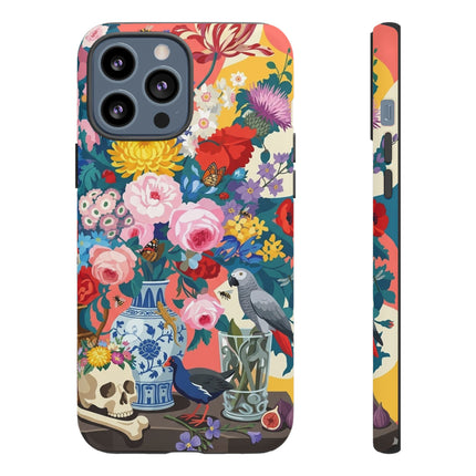 Floral Vanitas Phone Case – Parrot & Porcelain Splendor