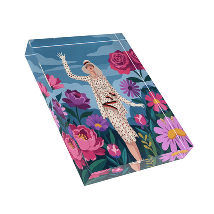 🌸👒 The Lady Of The Grand Flower Garden Acrylic Art Block – Art Deco Fashion Illustration