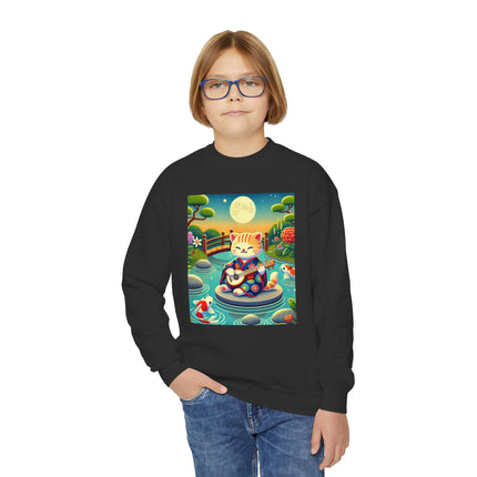 Melodic Kitten by the Koi Pond Youth Crewneck Sweatshirt – Harmony, Joy & Whimsical Charm