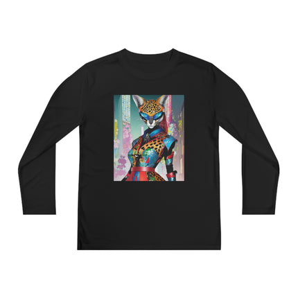 Cyber Cat Glamour Youth Long Sleeve Competitor Tee – Neon Elegance & Futuristic Style