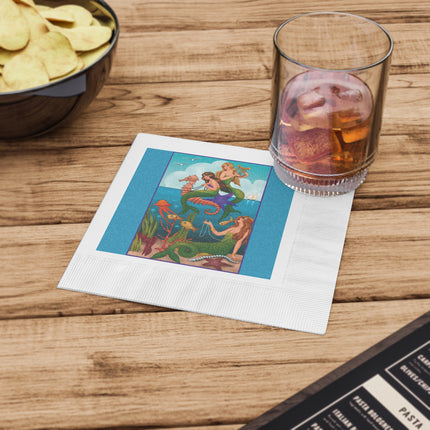 Three Mermaids with Strings of Pearls by Carlo Chiostri White Coined Napkins