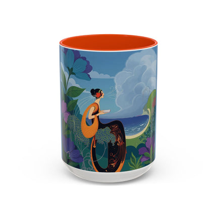 The Lady And The Sea Breeze Colorful Mugs – Art Deco Coastal Serenity