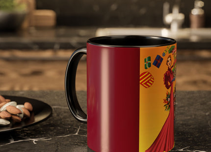 Elegant Holiday Woman with Gifts Colorful Mugs (11oz, 15oz)