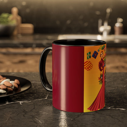 Elegant Holiday Woman with Gifts Colorful Mugs (11oz, 15oz)