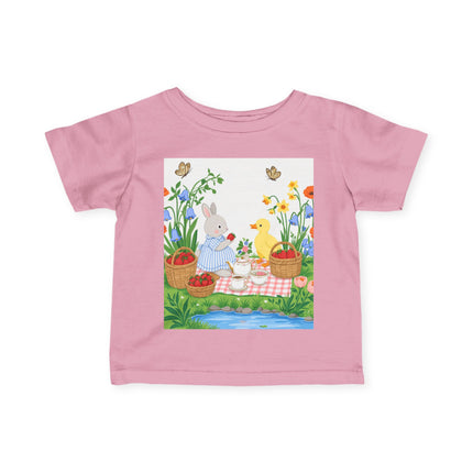 🐰🦆 The Little Strawberry Picnic Friends Infant Fine Jersey Tee – Whimsical Woodland Charm