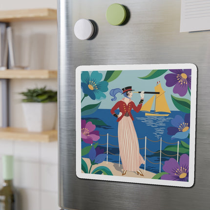 🌊🔭 The Lady Of The Seaside Lookout Die-Cut Magnets – Art Deco Nautical Adventure