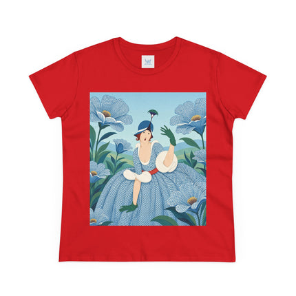 💙🌼 The Blue Blossom Garden Belle Cotton Tee – Art Deco Floral Whimsy