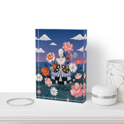 🌸👑 The Lady Of The Grand Flower Promenade Acrylic Art Block – Art Deco Floral Elegance