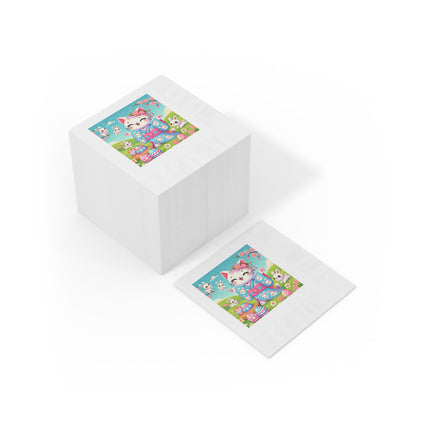 Springtime Kitten’s Easter Joy White Coined Napkins