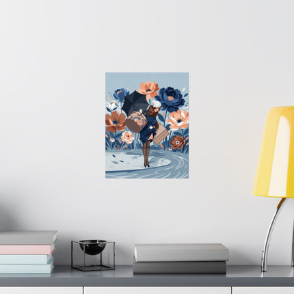 ☂️🌸 The Lady Of The Grand Floral Journey Matte Vertical Poster – Art Deco Fashion Illustration