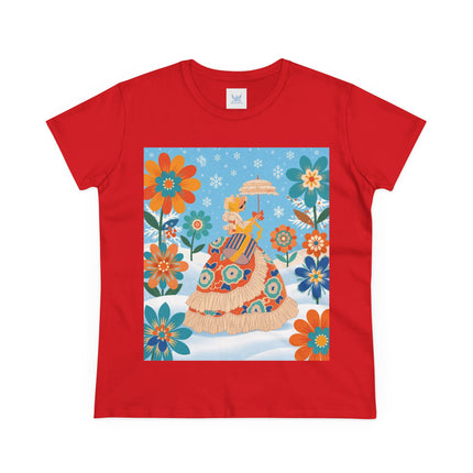 🌼❄️ The Winter Parasol Lady Cotton Tee – Art Deco Floral Fantasy