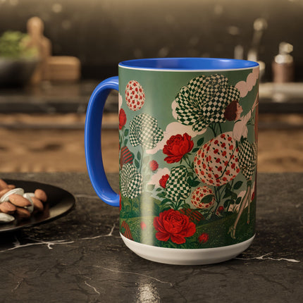 🌹💚 The Scarlet Rose Checkerboard Garden Colorful Mug – Art Deco Floral Whimsy