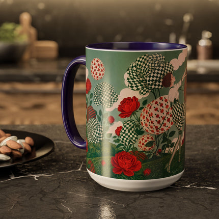 🌹💚 The Scarlet Rose Checkerboard Garden Colorful Mug – Art Deco Floral Whimsy