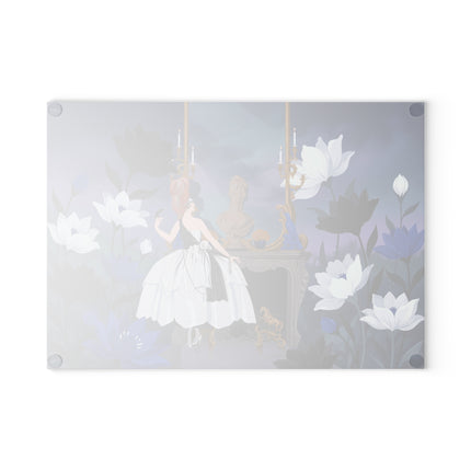 🖤💙 The Lady Of The Midnight Blue Salon Glass Cutting Board – Art Deco Floral Elegance