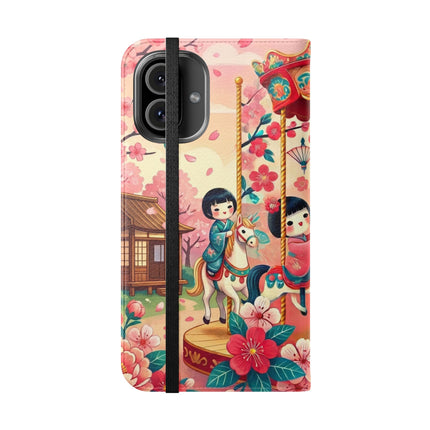 🎠🌸 Geisha Kitten's Enchanted Carousel Flip Case – Whimsical Dreams & Cherry Blossom Magic