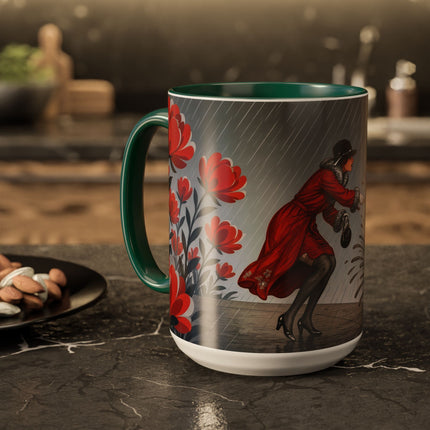 ☔🌹 The Scarlet Rainstorm Promenade Colorful Mug – Art Deco Motoring Elegance