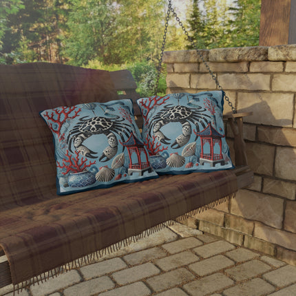 Spotted Crab & Pagoda Outdoor Pillows – Mystical Ocean & Asian Harmony
