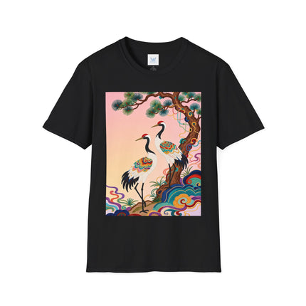 🐦🌸 The Enchanted Crane Garden Softstyle T-Shirt – Oriental Elegance & Colorful Harmony