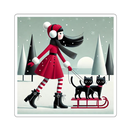 Red Sled & Curious Cats Kiss-Cut Stickers (4 Sizes)