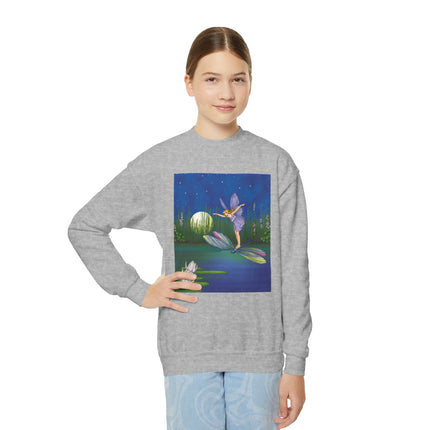 Fairy on a Dragonfly Youth Crewneck Sweatshirt – Enchanting Moonlit Fantasy