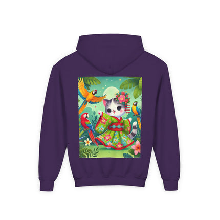 Parrot Dance of the Geisha Kitten Youth Hooded Sweatshirt – Tropical Joy & Whimsical Color