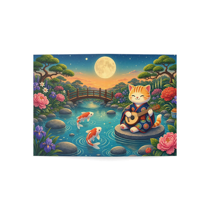 🌕🎸 The Moonlight Koi Serenade Kitten Greeting Card – Whimsical Japanese Garden