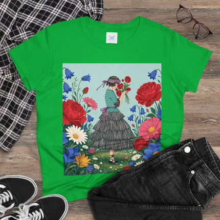 🌹💙 The Rose Bouquet Promenade Cotton Tee – Art Deco Floral Whimsy