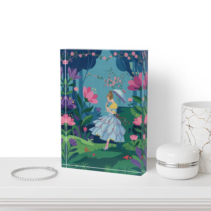 🌸🦋 The Lady Of The Enchanted Flower Forest Acrylic Art Block – Art Deco Woodland Whimsy