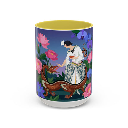 The Lady And The Garden Dragon Colorful Mugs – Art Deco Mythical Botanical Elegance