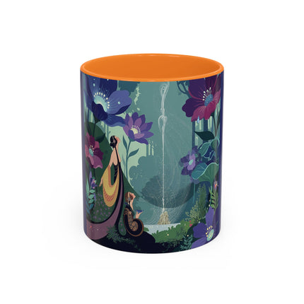 The Lady Of The Moonlit Fountain Colorful Mugs – Art Deco Botanical Serenity