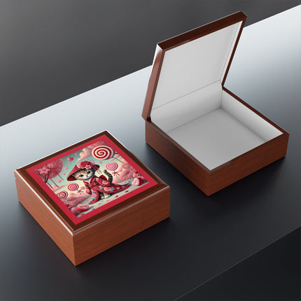 Whimsical Geisha Kitten in a Valentine Jewelry Box