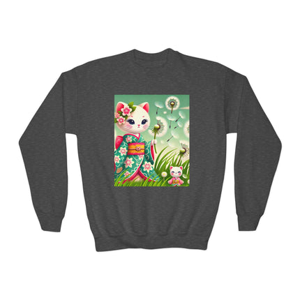 Geisha Kitten and the Dandelion Wish Youth Crewneck Sweatshirt – Gentle Magic, Dreams & Quiet Beauty