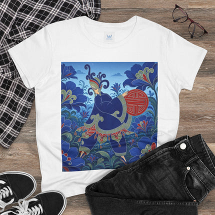 💙🌺 The Imperial Blue Garden Cotton Tee – Art Deco Oriental Elegance