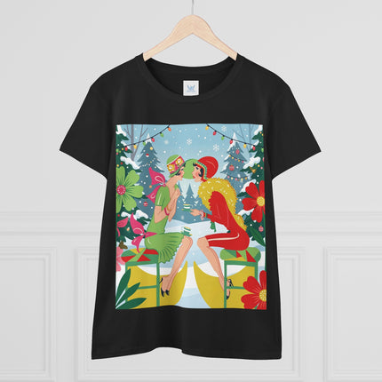☕❄️ Christmas Tea In The Snow Garden Cotton Tee – Art Deco Holiday Friendship