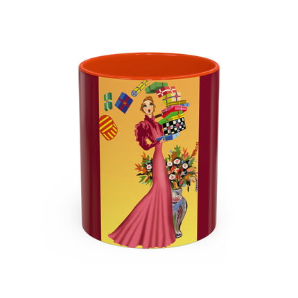 Elegant Holiday Woman with Gifts Colorful Mugs (11oz, 15oz)