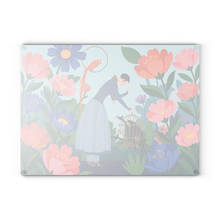 🌺🦜 The Lady Of The Enchanted Aviary Glass Cutting Board – Art Deco Floral Garden