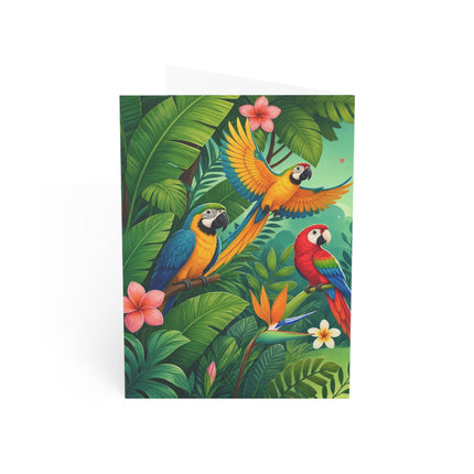 🌺🦜 The Tropical Parrot Kimono Kitten Greeting Card – Whimsical Jungle Elegance