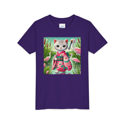 Geisha Kitten Strolls Among the Spoonbills Youth Short Sleeve Tee
