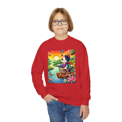Sailor Kitten’s River Adventure Youth Crewneck Sweatshirt – Exploration, Joy & Storybook Adventure