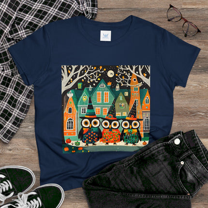 Night of the Trick-or-Treating Owlets Women's Midweight Cotton Tee