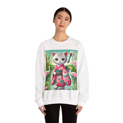 Geisha Kitten Strolls Among the Spoonbills  Unisex Heavy Blend™ Crewneck Sweatshirt