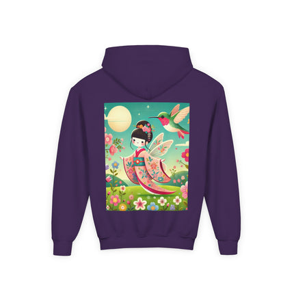 Geisha Fairy and the Hummingbird Blossom Youth Hooded Sweatshirt – Cozy Magic in Bloom